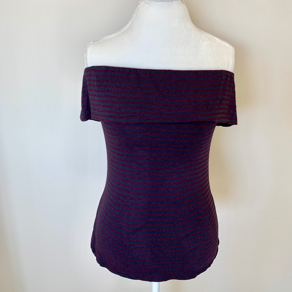 Trina Turk Off the Shoulder Maroon Striped T-shirt